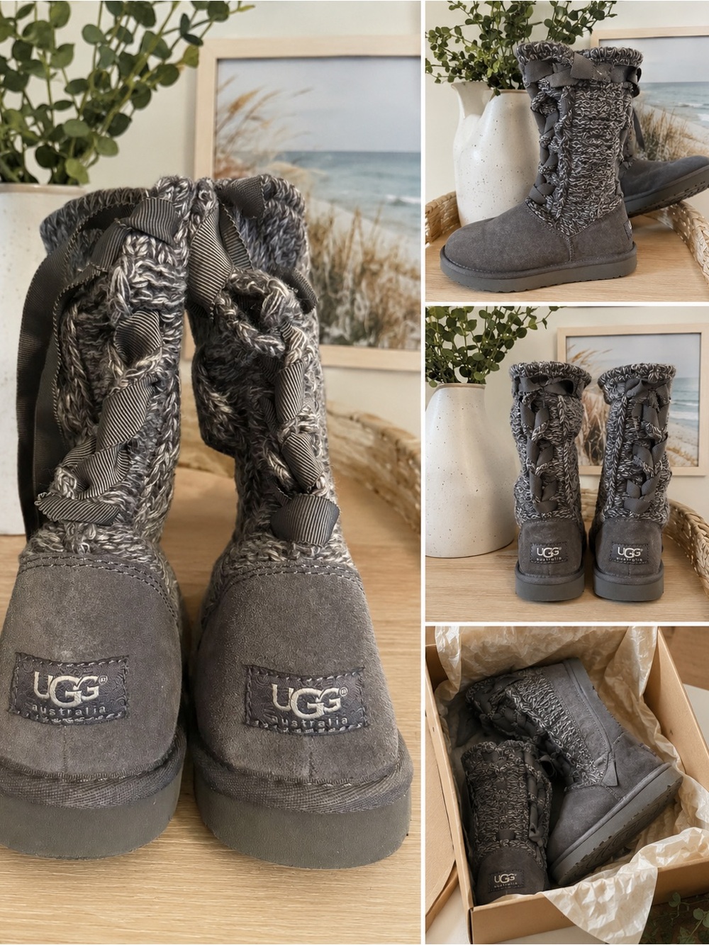NIB UGG Gray Knit Suede Back-Pull Boots with Ribbon Detail